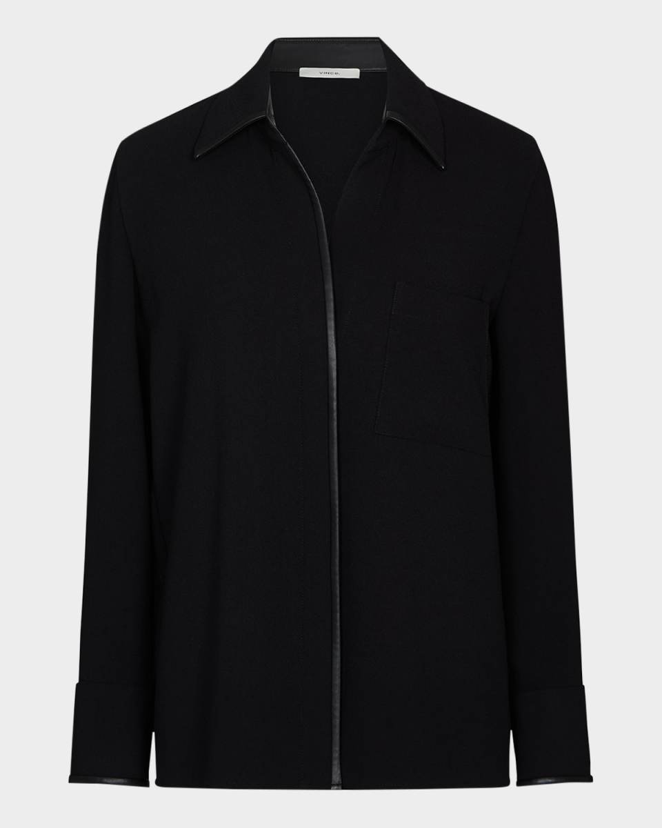 Crepe Button-Front Blouse with Faux Leather Tri